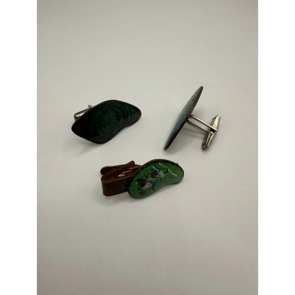 Set Enameled Copper Hand Crafted mcm Vintage Retro Cufflinks & Tie Clip